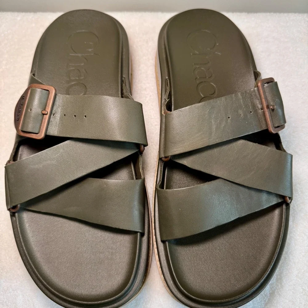 Chaco Womens Townes Slide Leather Sandals Olive Green Size 9 Buckle Chunky